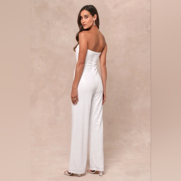 Lulus Glamorous Spirit White Sequin Strapless Bustier Jumpsuit L Wedding Party - Picture 5 of 9